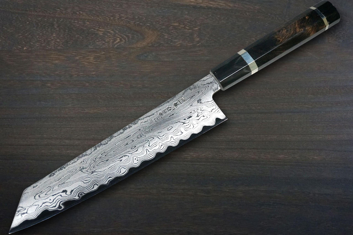 Satoshi Nakagawa Aogami #1 Damascus EBBFB2 Japanese Chef's Kiritsuke-Gyuto Knife 240mm with Double Buffalo Ringed Ebony Handle 