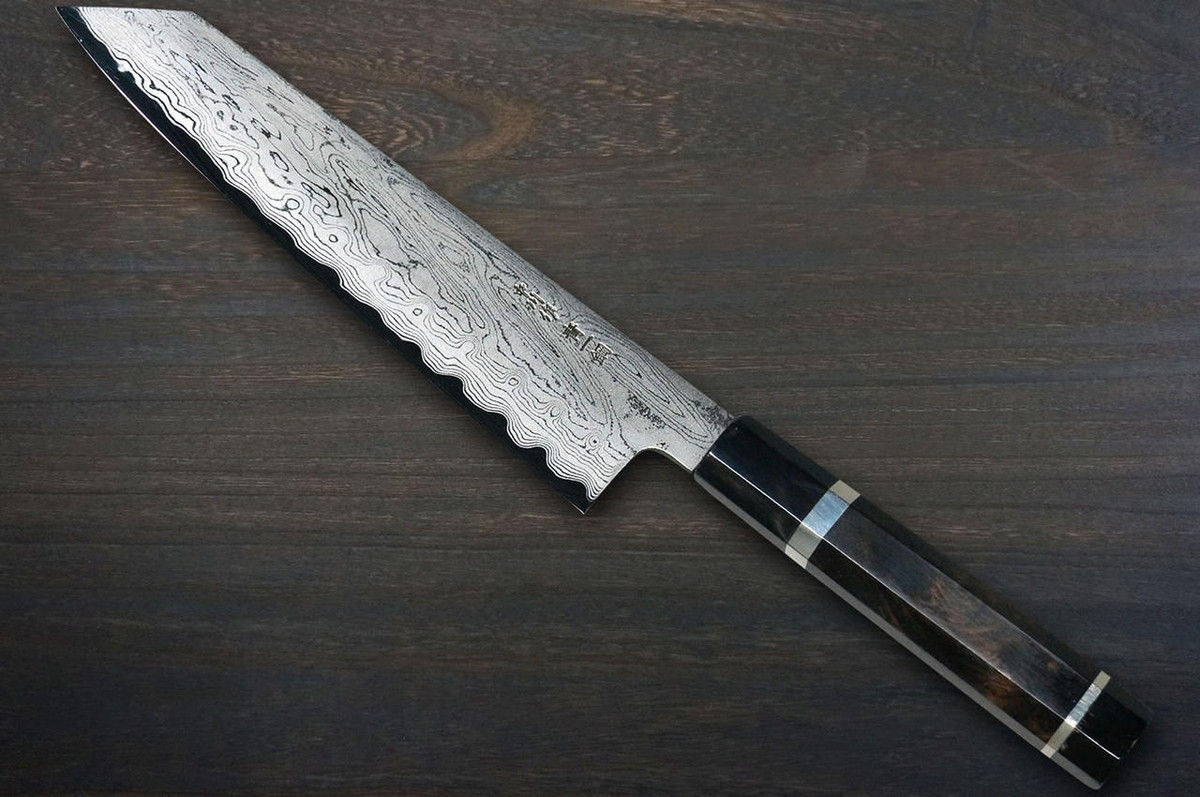 Satoshi Nakagawa Aogami #1 Damascus EBBFB2 Japanese Chef's Kiritsuke-Gyuto Knife 210mm with Double Buffalo Ringed Ebony Handle 