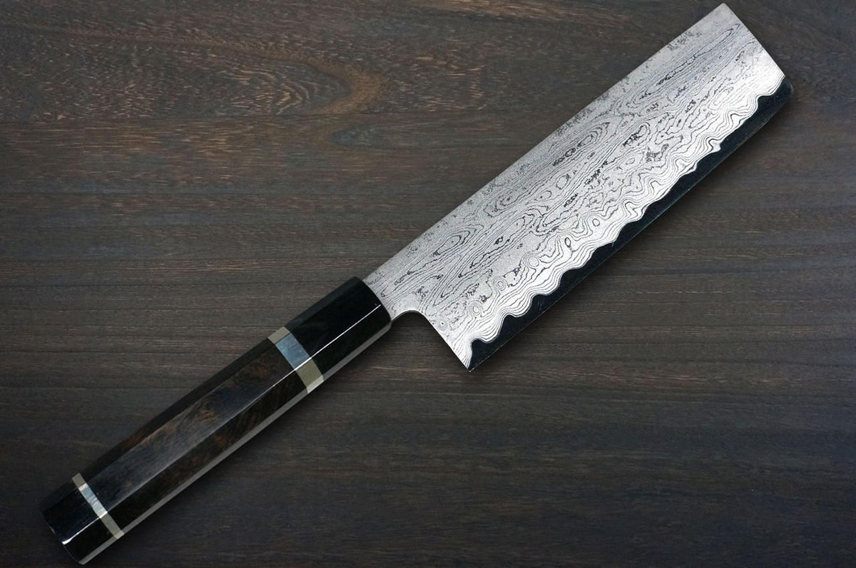 Satoshi Nakagawa Aogami #1 Damascus EBBFB2 Japanese Chef's Nakiri(Vegetable) 165mm with Double Buffalo Ringed Ebony Handle 