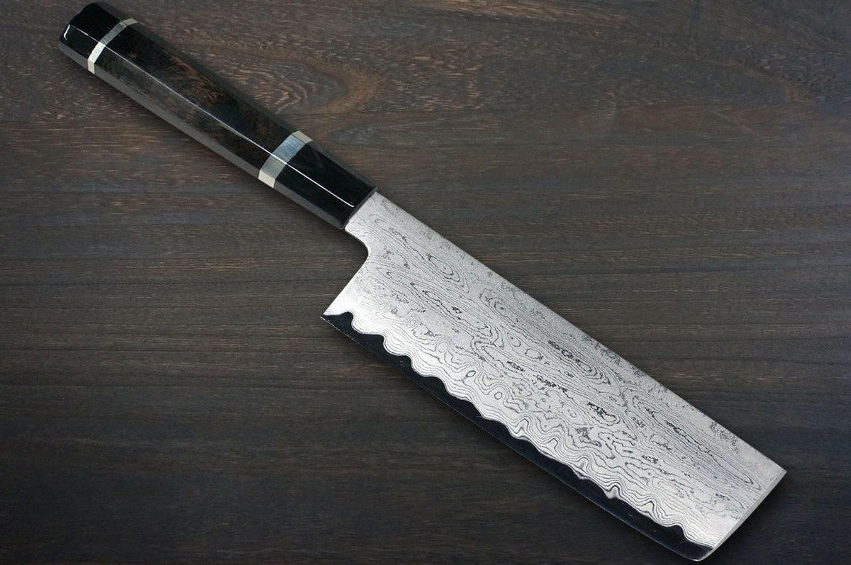 Satoshi Nakagawa Aogami #1 Damascus EBBFB2 Japanese Chef's Nakiri(Vegetable) 165mm with Double Buffalo Ringed Ebony Handle 