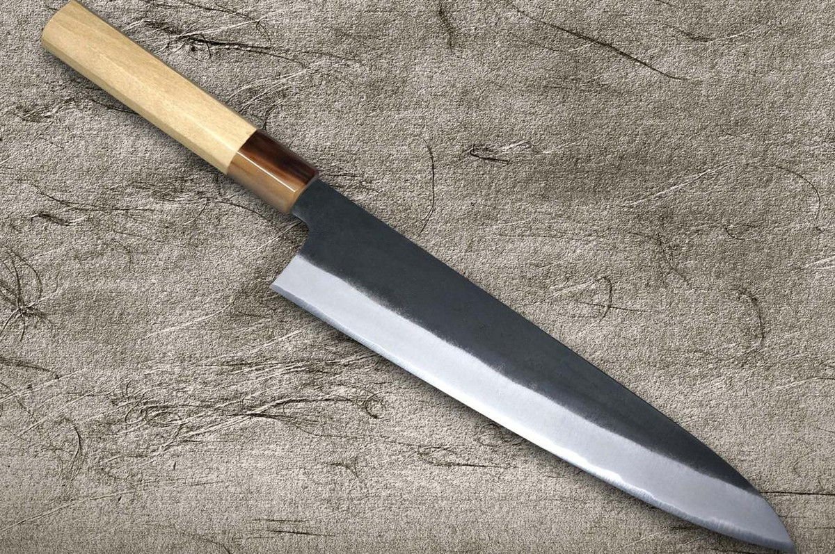 Satoshi Nakagawa Aogami #2 Kurouchi MB8W Japanese Chef's Gyuto Knife 240mm with White Buffalo Tsuba Octagonal Handle 