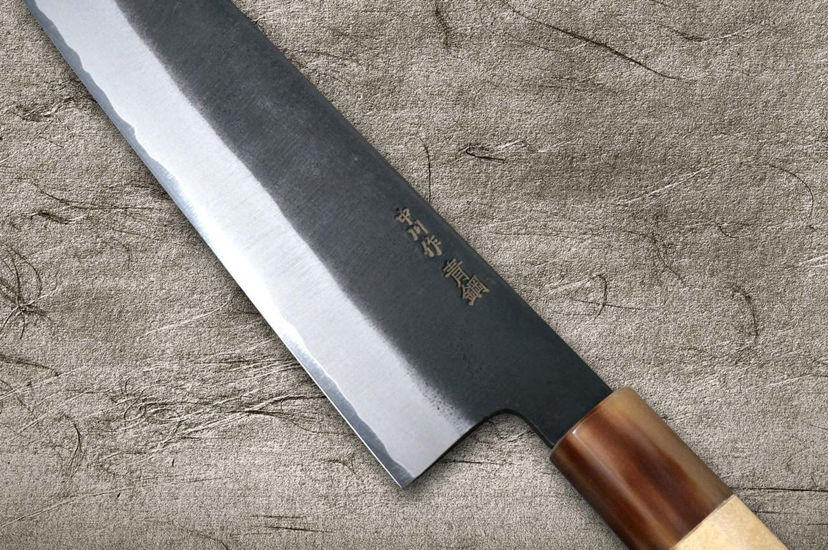 Satoshi Nakagawa Aogami #2 Kurouchi MB8W Japanese Chef's Gyuto Knife 240mm with White Buffalo Tsuba Octagonal Handle 