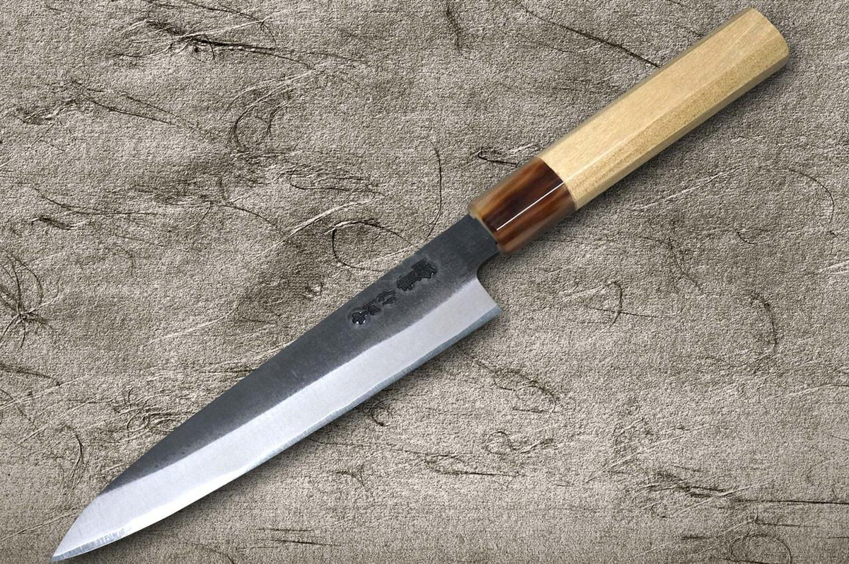 Satoshi Nakagawa Aogami #2 Kurouchi MB8W Japanese Chef's Petty Knife(Utility) 150mm with White Buffalo Tsuba Octagonal Handle 