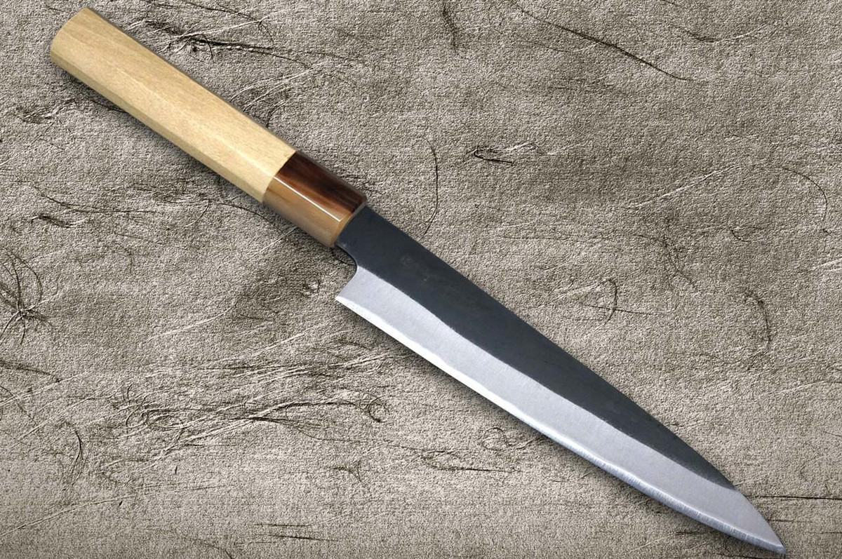 Satoshi Nakagawa Aogami #2 Kurouchi MB8W Japanese Chef's Petty Knife(Utility) 150mm with White Buffalo Tsuba Octagonal Handle 