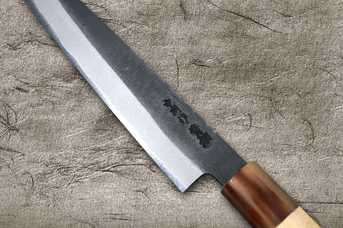 Satoshi Nakagawa Aogami #2 Kurouchi MB8W Japanese Chef's Petty Knife(Utility) 150mm with White Buffalo Tsuba Octagonal Handle 