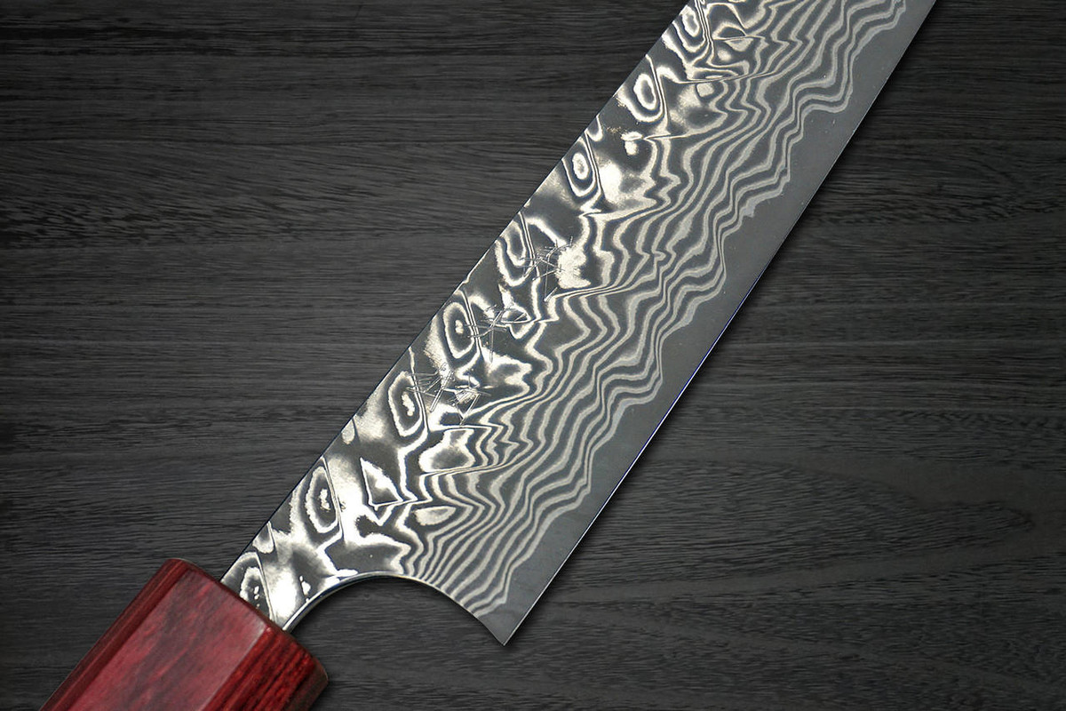 Yoshimi Kato R2 Black Damascus RS8R Japanese Chef's Petty Knife(Utility) 120mm with Red-Ring Octagonal Honduran Rosewood Handle 