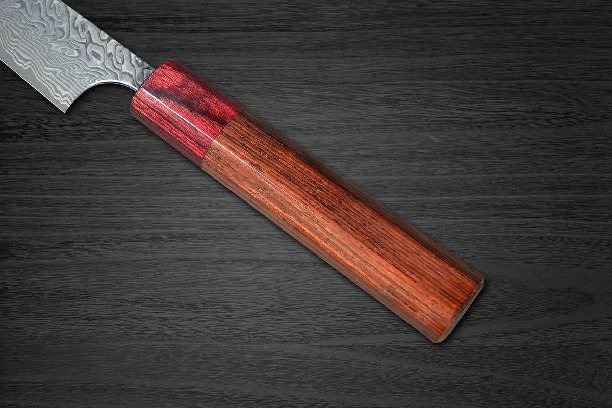 Yoshimi Kato R2 Black Damascus RS8R Japanese Chef's Petty Knife(Utility) 120mm with Red-Ring Octagonal Honduran Rosewood Handle 
