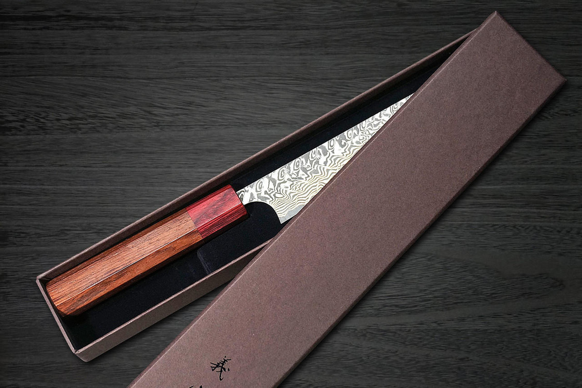 Yoshimi Kato R2 Black Damascus RS8R Japanese Chef's Petty Knife(Utility) 120mm with Red-Ring Octagonal Honduran Rosewood Handle 