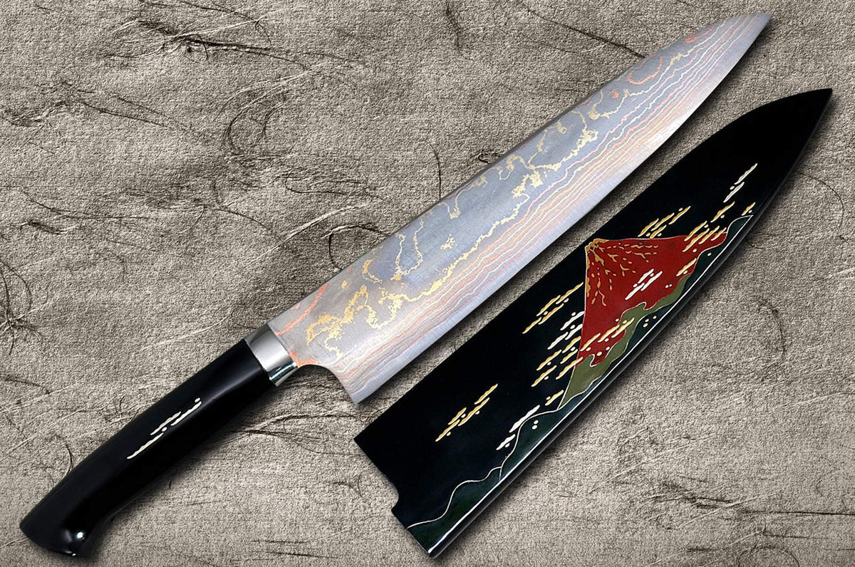Takeshi Saji Makie-Art Aogami No.2 Colored Damascus Japanese Chef's Gyuto Knife 210mm with Urushi Lacquered Saya and Handle RED FUJI (AKA FUJI) 