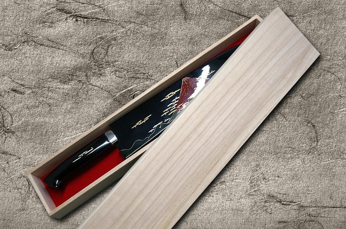 Takeshi Saji Makie-Art Aogami No.2 Colored Damascus Japanese Chef's Gyuto Knife 210mm with Urushi Lacquered Saya and Handle RED FUJI (AKA FUJI) 