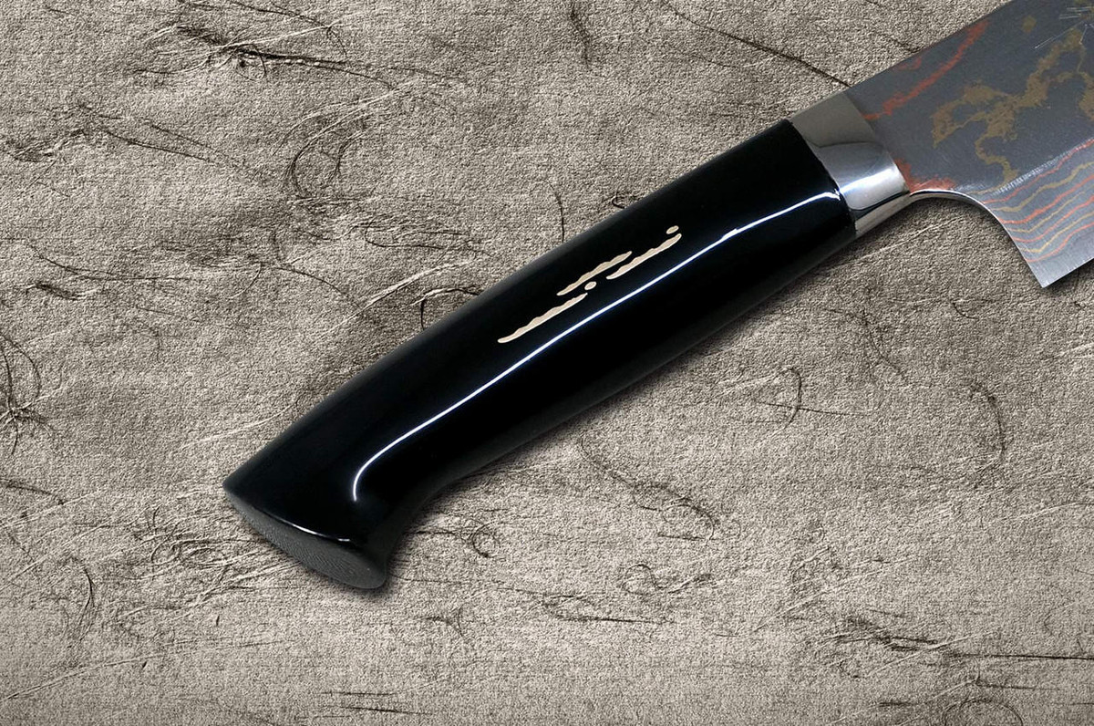 Takeshi Saji Makie-Art Aogami No.2 Colored Damascus Japanese Chef's Gyuto Knife 210mm with Urushi Lacquered Saya and Handle RED FUJI (AKA FUJI) 