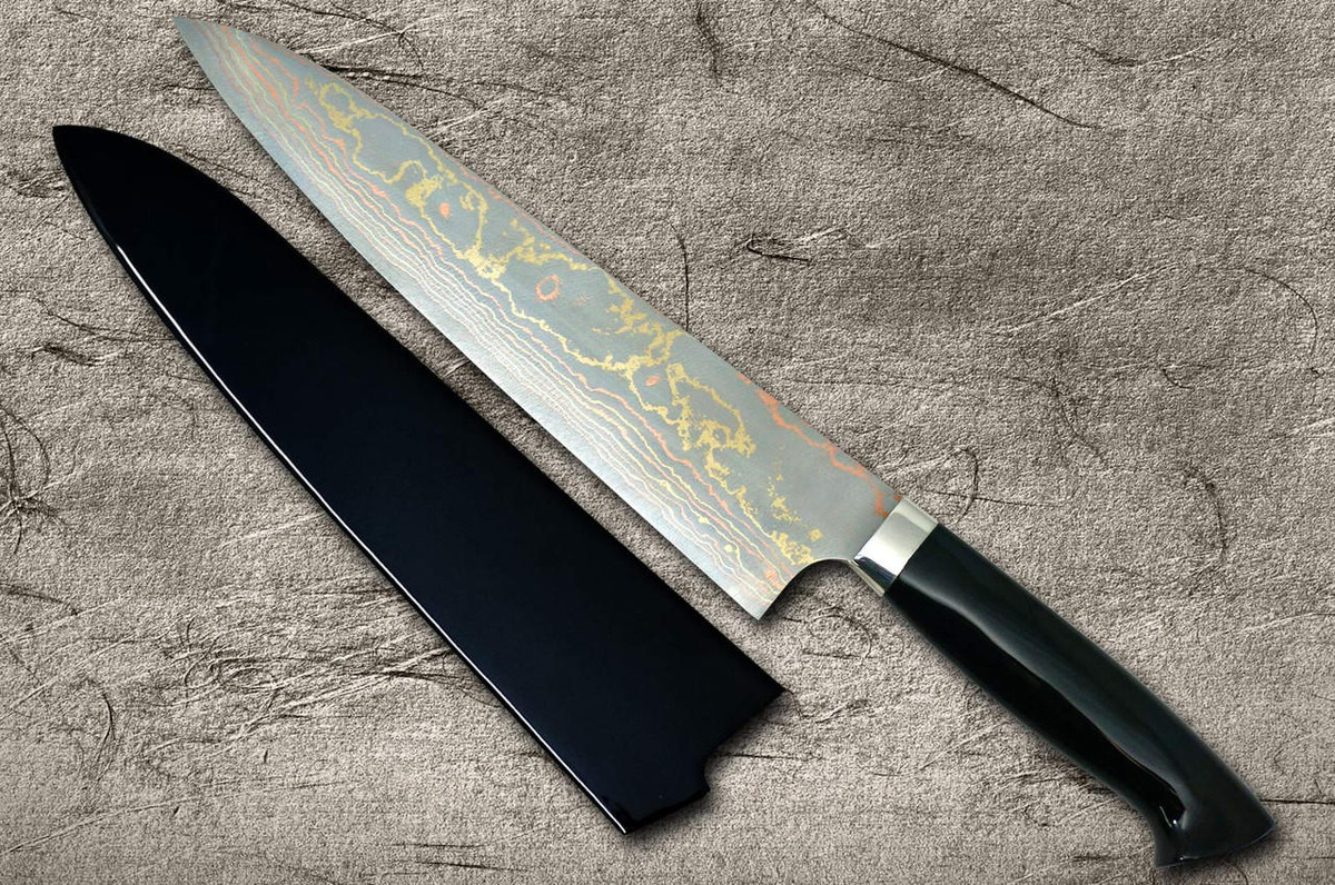 Takeshi Saji Makie-Art Aogami No.2 Colored Damascus Japanese Chef's Gyuto Knife 210mm with Urushi Lacquered Saya and Handle RED FUJI (AKA FUJI) 