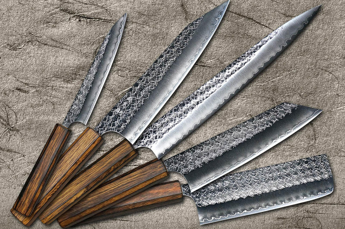 Yoshimi Kato R2 MINAMO Hammered OK8B Japanese Chef's Knife SET 270mm with Urushi Lacquered Oak Handle Dark Brown (KiritsukeGyuto210-Slicer-Bunka-Vegetable-Petty120) 
