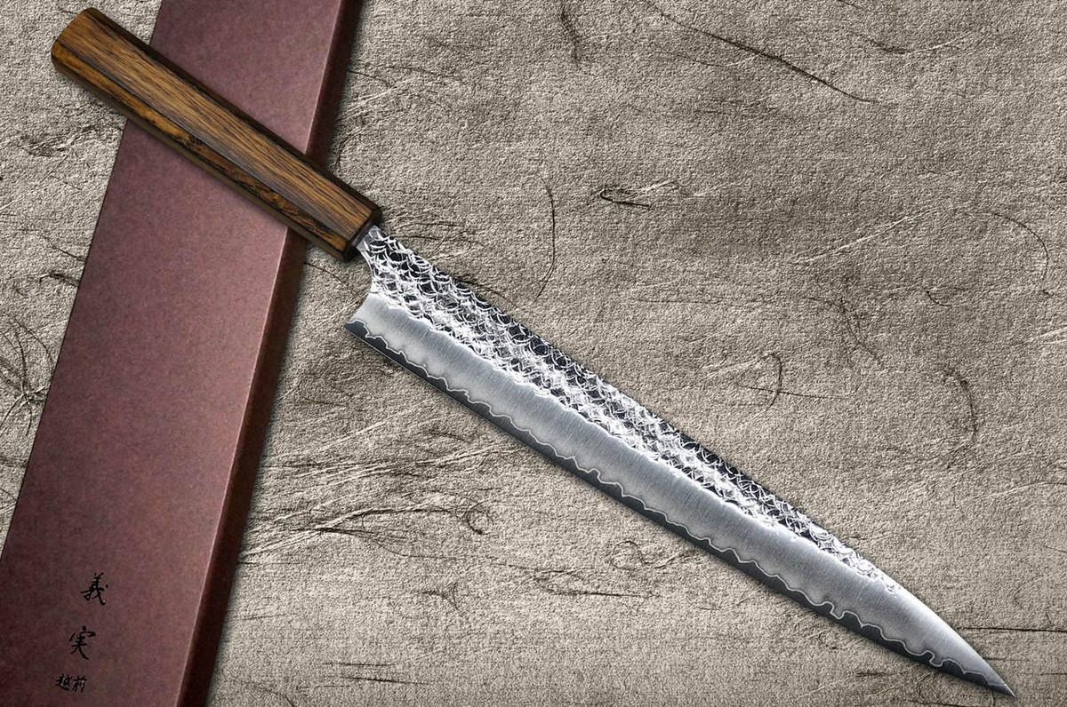 Yoshimi Kato R2 MINAMO Hammered OK8B Japanese Chef's Knife SET 270mm with Urushi Lacquered Oak Handle Dark Brown (KiritsukeGyuto210-Slicer-Bunka-Vegetable-Petty120) 