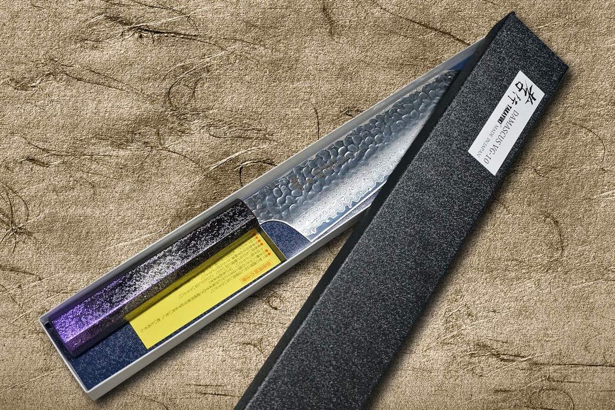 Sakai Takayuki 33-Layer VG10 Damascus RIO Chef's Kengata-Santoku Knife 160mm with Japanese Lacquered Handle [Purple] 
