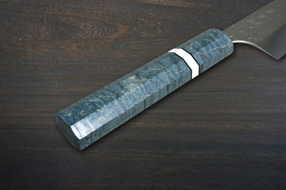 Yoshimi Kato R2 MINAMO Hammered STWA Japanese Chef's Kengata-Gyuto Knife 210mm with Stabilized Hybrid Wood Handle [Light Blue - White&Black Rings] 