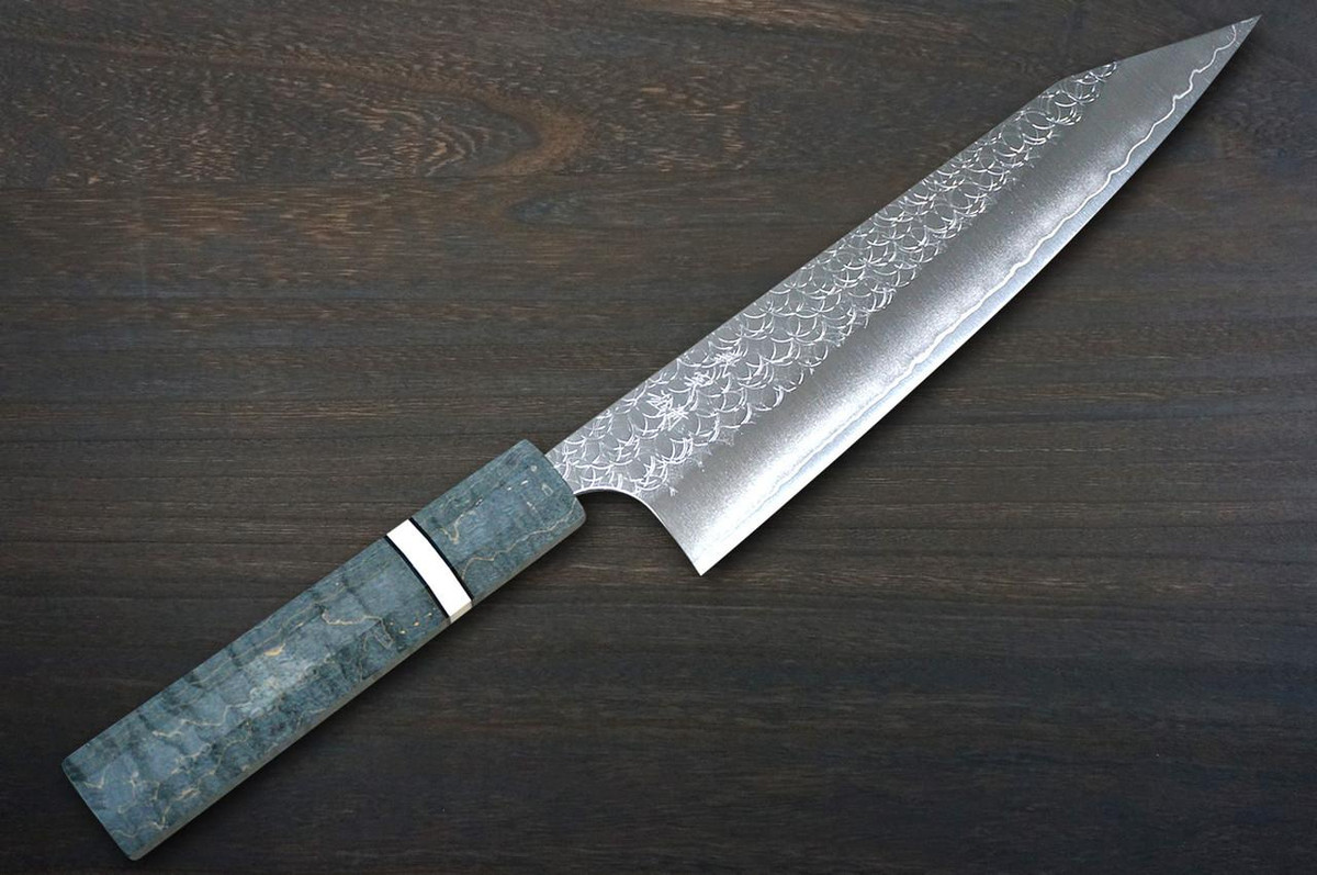 Yoshimi Kato R2 MINAMO Hammered STWA Japanese Chef's Kengata-Gyuto Knife 210mm with Stabilized Hybrid Wood Handle [Light Blue - White&Black Rings] 