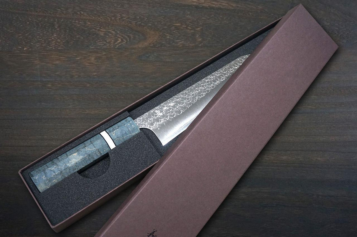 Yoshimi Kato R2 MINAMO Hammered STWA Japanese Chef's Kengata-Gyuto Knife 210mm with Stabilized Hybrid Wood Handle [Light Blue - White&Black Rings] 