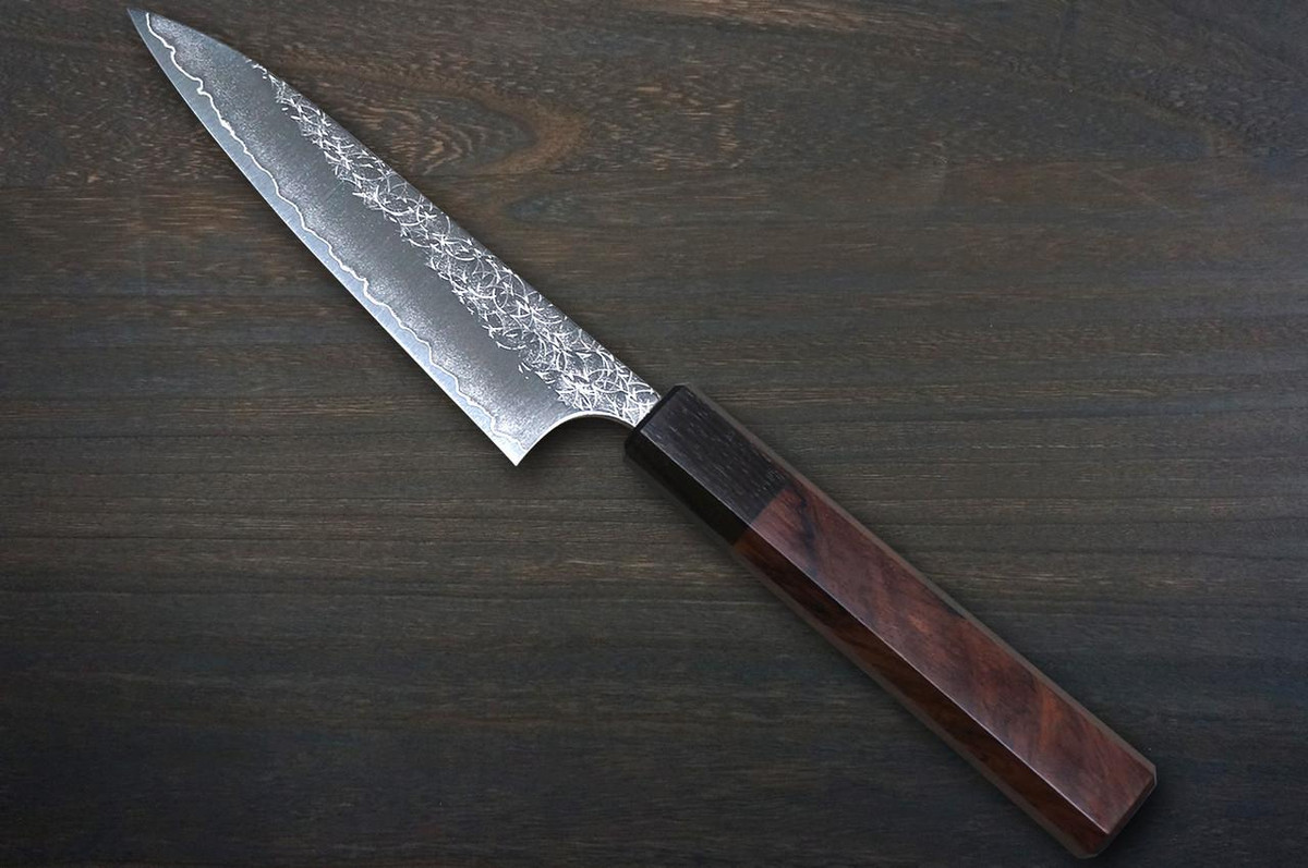 Yoshimi Kato R2 MINAMO Hammered EB8N-ROSE Japanese Chef's Petty Knife(Utility) 120mm with Rose-Ring Ebony Handle 