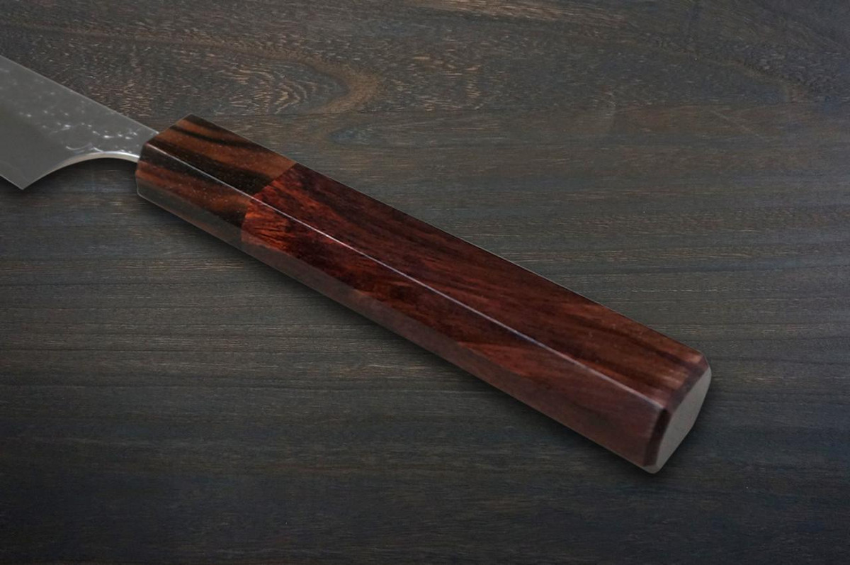 Yoshimi Kato R2 MINAMO Hammered EB8N-ROSE Japanese Chef's Petty Knife(Utility) 120mm with Rose-Ring Ebony Handle 