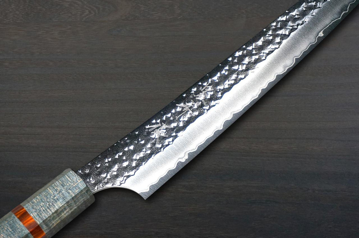 Yu Kurosaki R2(SG2) Hammered SENKO-EI WA STWG-AM Japanese Chef's Slicer(Sujihiki) 270mm with Stabilized Hybrid Wood Handle [Light Gray - Amber Ring] 
