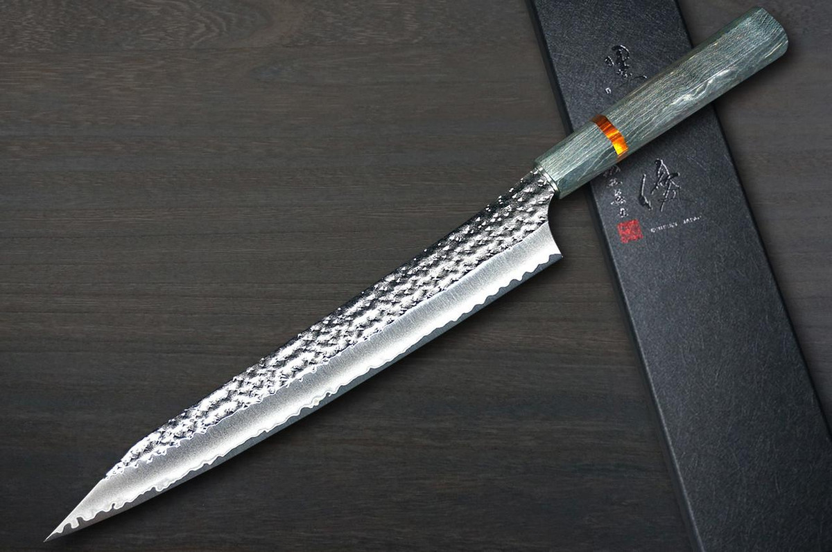 Yu Kurosaki R2(SG2) Hammered SENKO-EI WA STWG-AM Japanese Chef's Slicer(Sujihiki) 270mm with Stabilized Hybrid Wood Handle [Light Gray - Amber Ring] 
