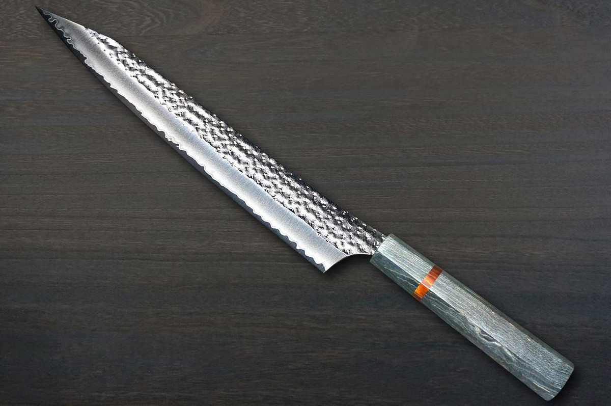 Yu Kurosaki R2(SG2) Hammered SENKO-EI WA STWG-AM Japanese Chef's Slicer(Sujihiki) 270mm with Stabilized Hybrid Wood Handle [Light Gray - Amber Ring] 
