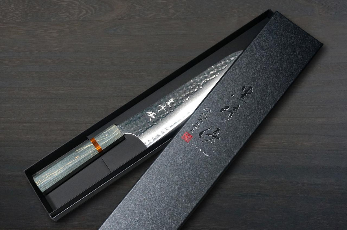 Yu Kurosaki R2(SG2) Hammered SENKO-EI WA STWG-AM Japanese Chef's Gyuto Knife 180mm with Stabilized Hybrid Wood Handle [Light Gray - Amber Ring] 