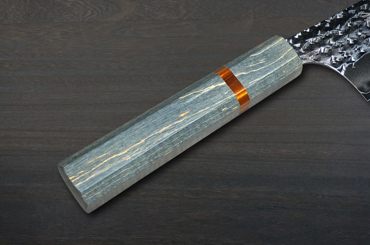 Yu Kurosaki R2(SG2) Hammered SENKO-EI WA STWG-AM Japanese Chef's Gyuto Knife 180mm with Stabilized Hybrid Wood Handle [Light Gray - Amber Ring] 