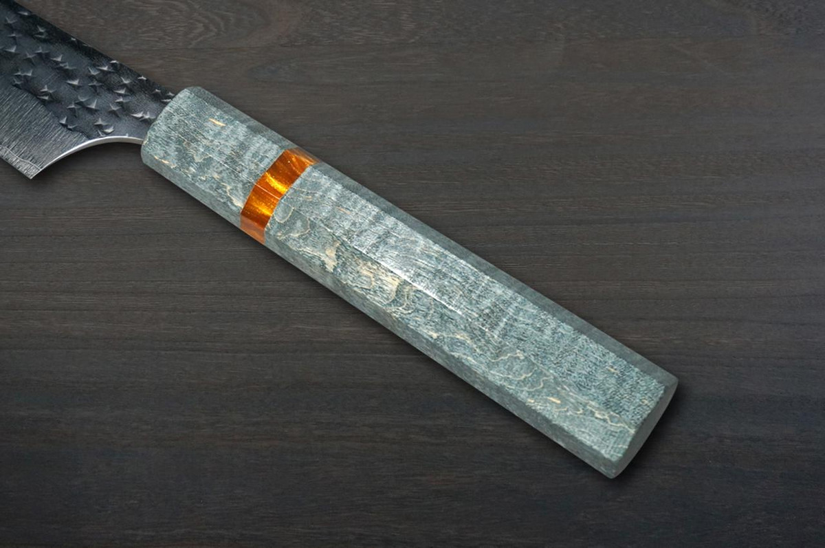 Yu Kurosaki R2(SG2) Hammered SENKO-EI WA STWG-AM Japanese Chef's Petty Knife(Utility) 150mm with Stabilized Hybrid Wood Handle [Light Gray - Amber Ring] 
