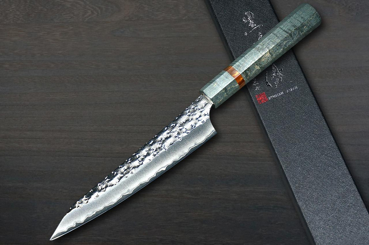 Yu Kurosaki R2(SG2) Hammered SENKO-EI WA STWG-AM Japanese Chef's Petty Knife(Utility) 150mm with Stabilized Hybrid Wood Handle [Light Gray - Amber Ring] 