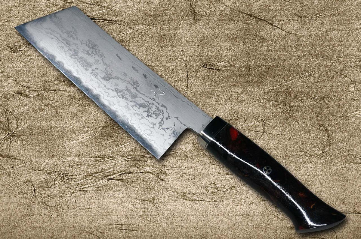 Daisuke Nishida Shirogami No.1 Damascus Japanese Chef's Kiritsuke-Nakiri(Vegetable) 180mm with Stabilized BP Birch Handle [Wine-Red] 
