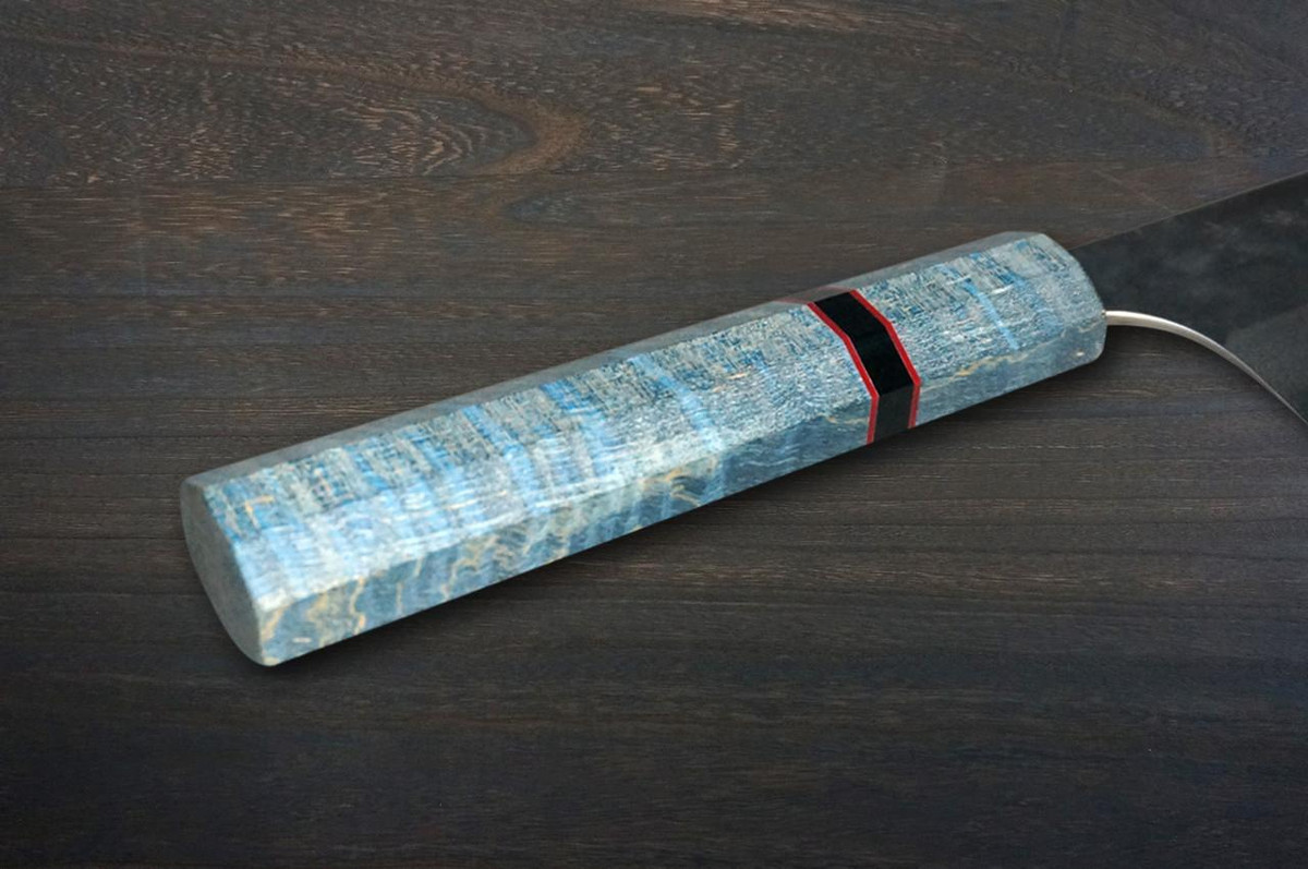Yoshimi Kato Aogami Super Clad Kurouchi STWA Japanese Chef's Gyuto Knife 210mm with Stabilized Hybrid Wood Handle [Light Blue - Red&Black Rings] 