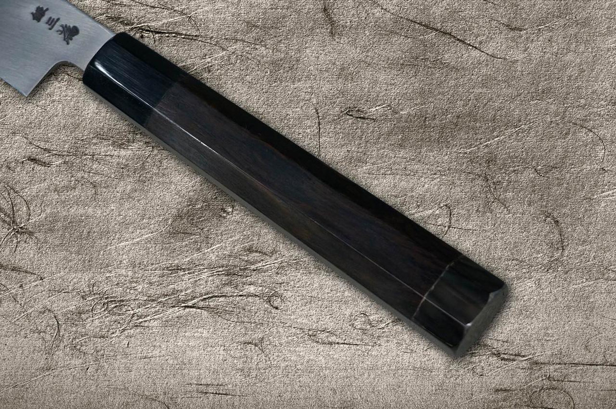 Sakai Takayuki ZANGETSU Ginsan Japanese Chef's Mirrored Kiritsuke-Yanagiba(Sashimi) 300mm with Double Water Buffalo Ring Ebony Handle 