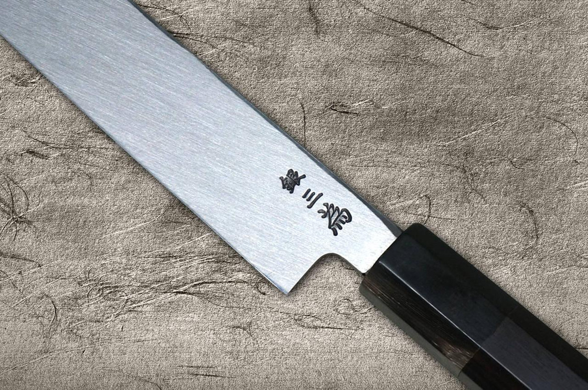 Sakai Takayuki ZANGETSU Ginsan Japanese Chef's Mirrored Kiritsuke-Yanagiba(Sashimi) 300mm with Double Water Buffalo Ring Ebony Handle 