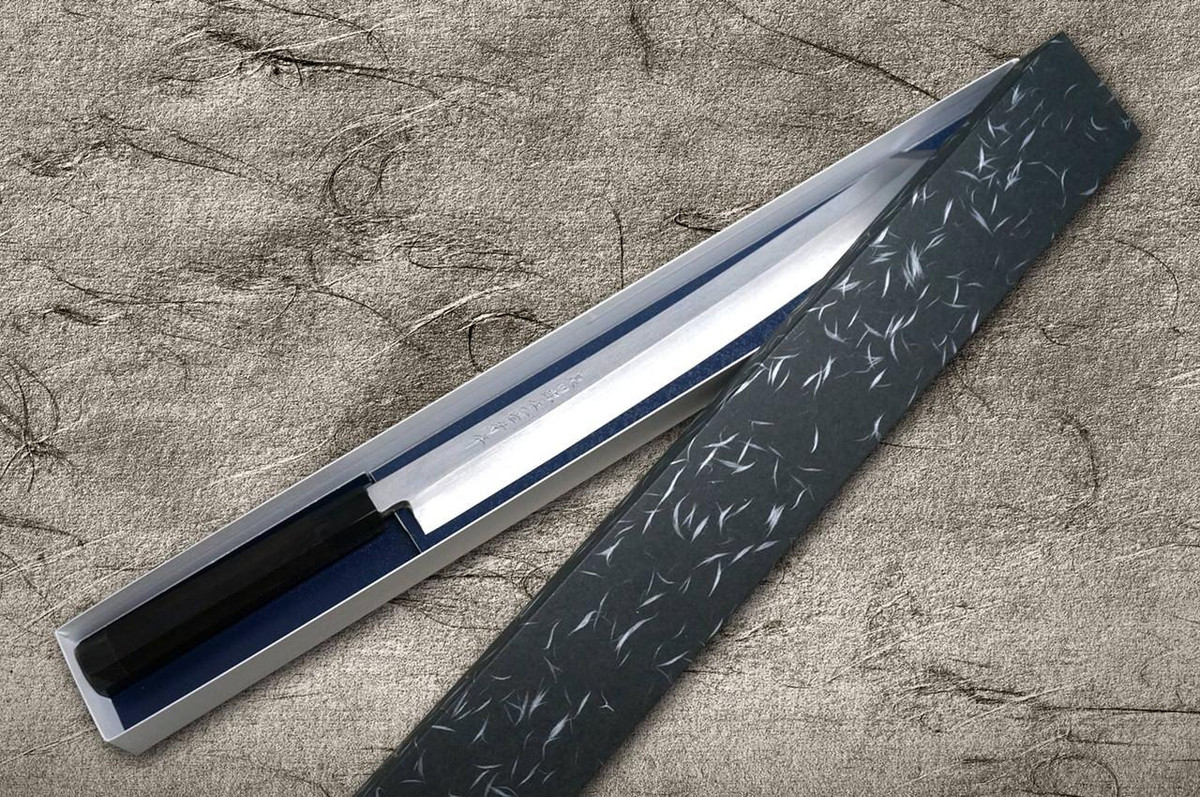 Sakai Takayuki ZANGETSU Ginsan Japanese Chef's Mirrored Kiritsuke-Yanagiba(Sashimi) 300mm with Double Water Buffalo Ring Ebony Handle 