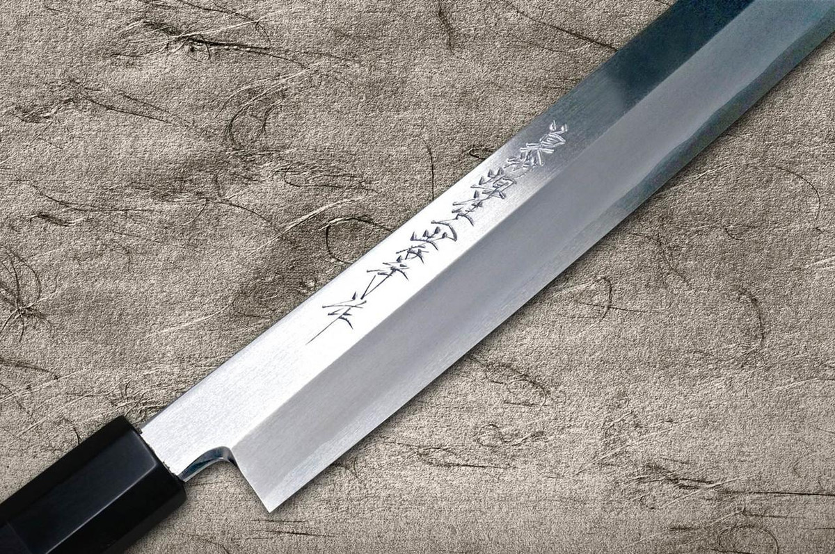 Sakai Takayuki ZANGETSU Ginsan Japanese Chef's Mirrored Kiritsuke-Yanagiba(Sashimi) 300mm with Double Water Buffalo Ring Ebony Handle 