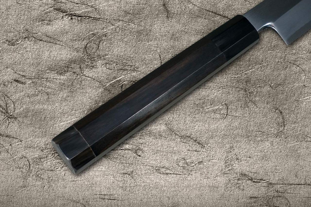 Sakai Takayuki ZANGETSU Ginsan Japanese Chef's Mirrored Kiritsuke-Yanagiba(Sashimi) 390mm with Double Water Buffalo Ring Ebony Handle 