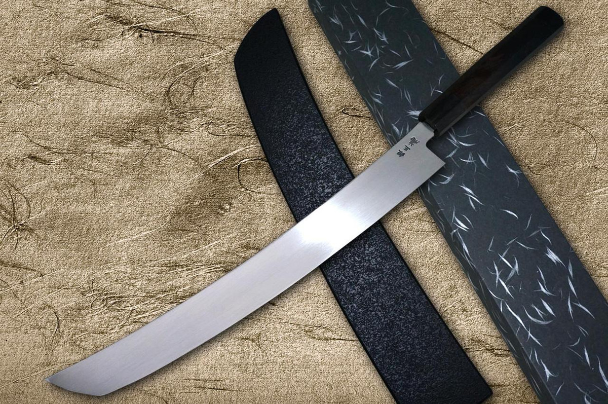 Sakai Takayuki ONIZORI Ginsan Japanese Chef's Mirrored Sakimaru-Takohiki(Sashimi) 300mm with Double Water Buffalo Ring Ebony Handle [Strongly Arched Version] 
