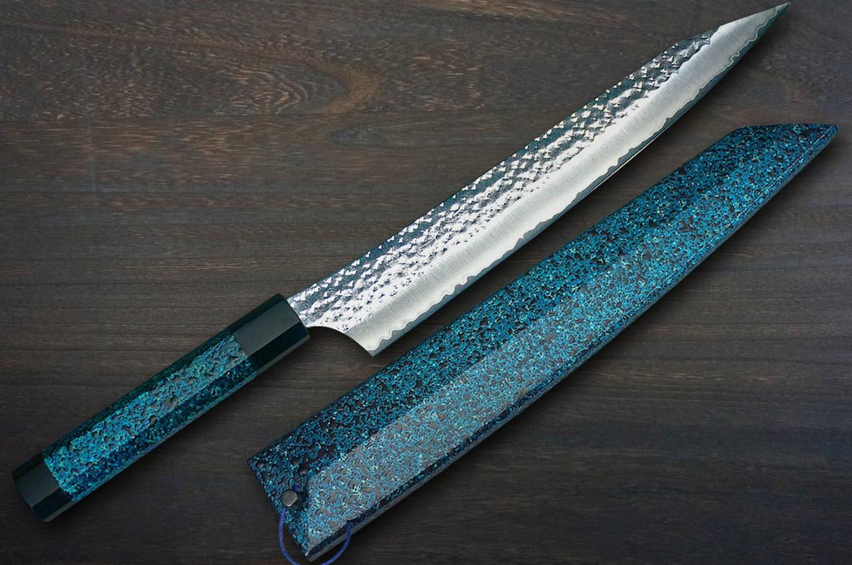 Yu Kurosaki R2(SG2) Hammered SENKO-EI WA INDIGO Japanese Chef's Slicer(Sujihiki) 270mm with Indigo-dyed Handle and Saya Sheath [AI-TENMOKU] 