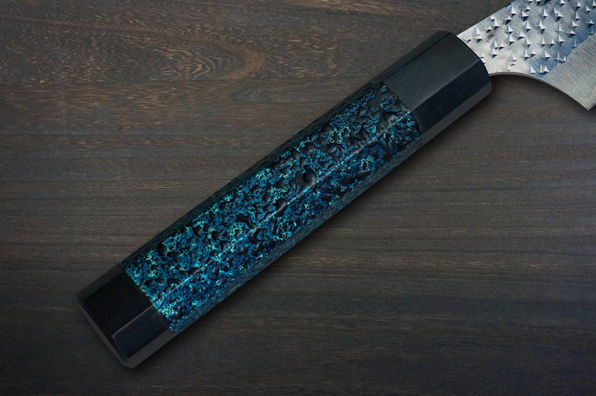 Yu Kurosaki R2(SG2) Hammered SENKO-EI WA INDIGO Japanese Chef's Slicer(Sujihiki) 270mm with Indigo-dyed Handle and Saya Sheath [AI-TENMOKU] 