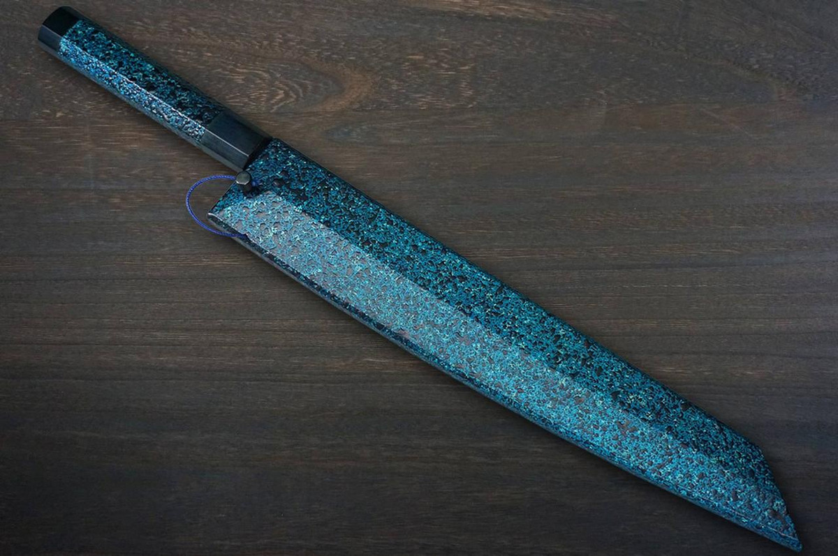 Yu Kurosaki R2(SG2) Hammered SENKO-EI WA INDIGO Japanese Chef's Slicer(Sujihiki) 270mm with Indigo-dyed Handle and Saya Sheath [AI-TENMOKU] 