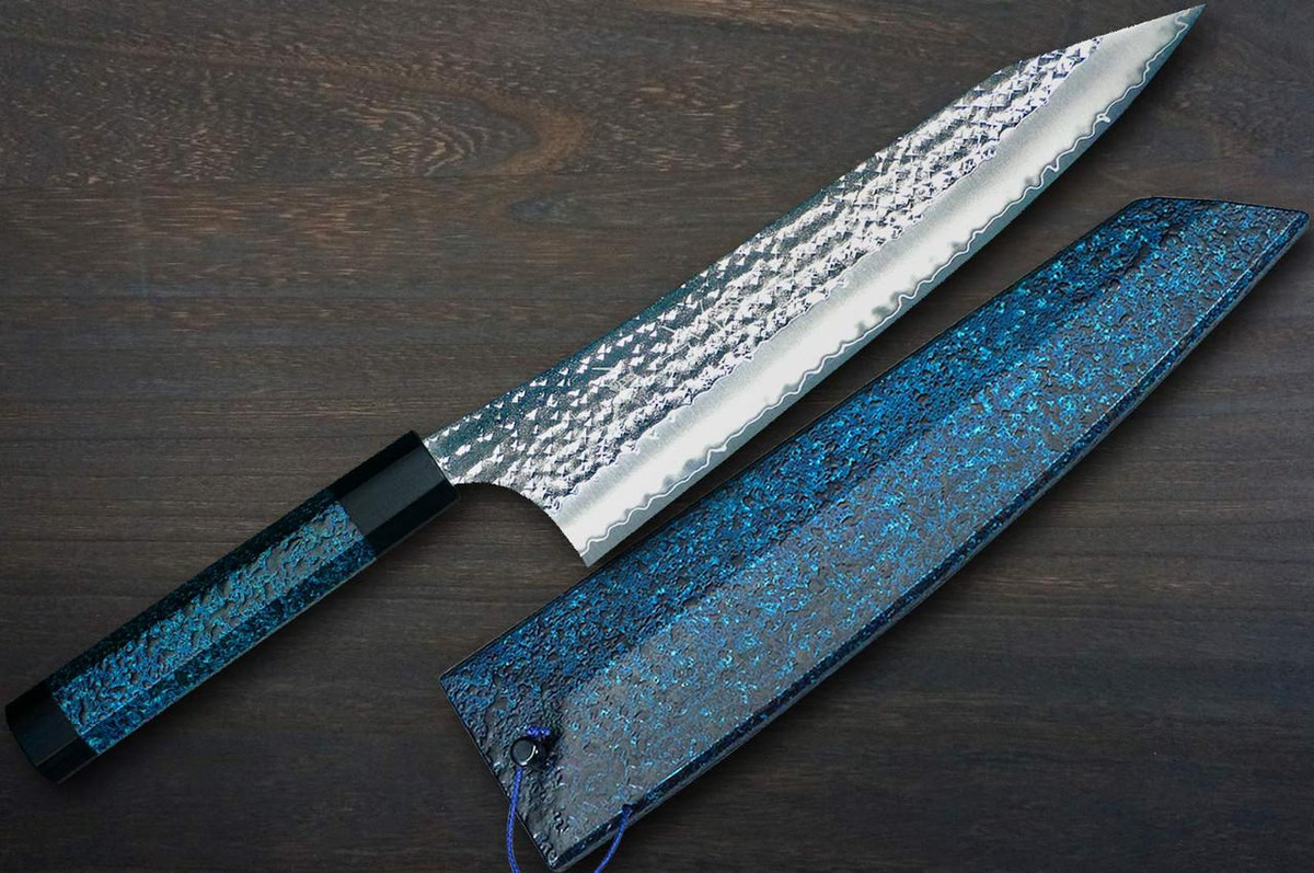 Yu Kurosaki R2(SG2) Hammered SENKO-EI WA INDIGO Japanese Chef's Gyuto Knife 240mm with Indigo-dyed Handle and Saya Sheath [AI-TENMOKU] 
