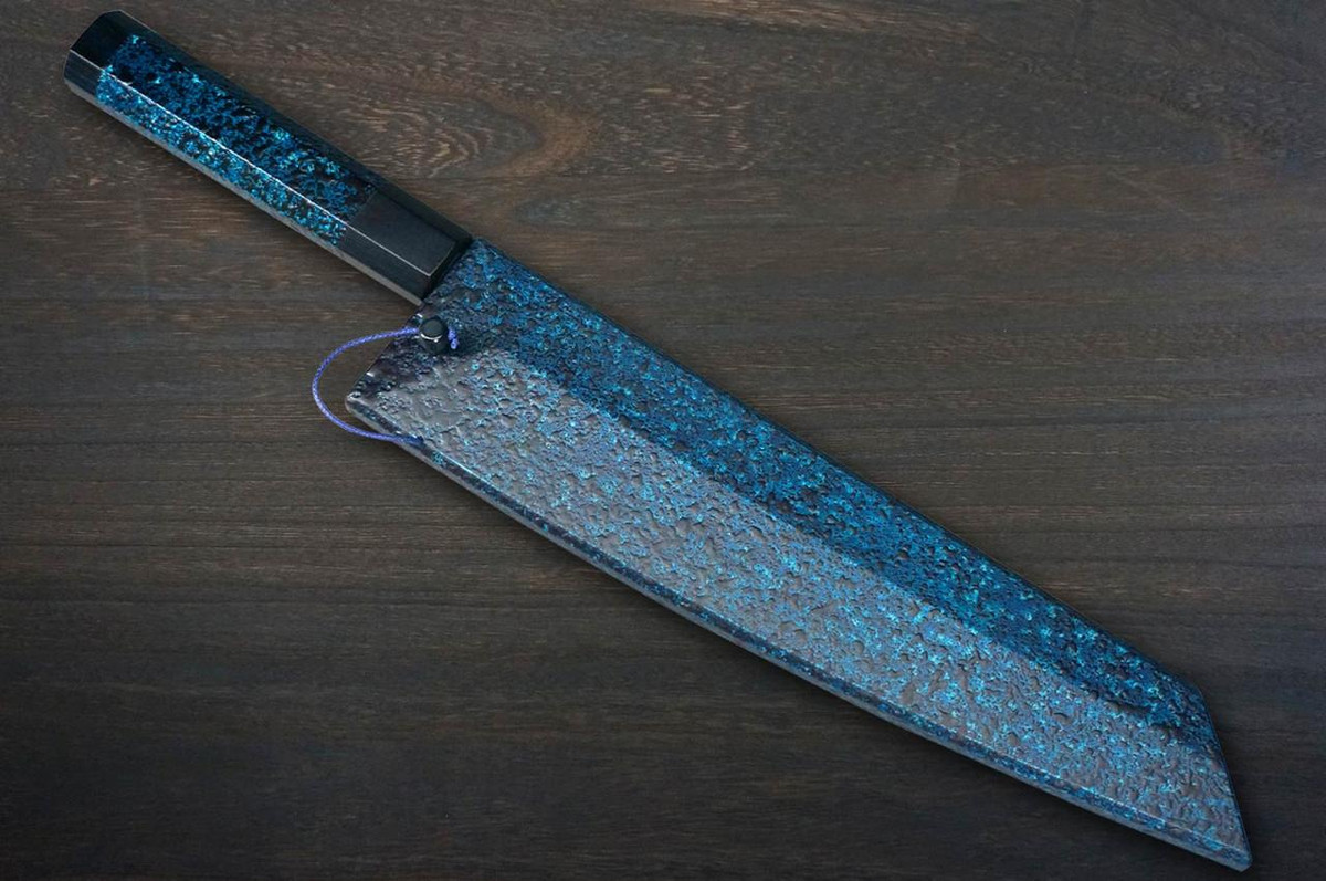 Yu Kurosaki R2(SG2) Hammered SENKO-EI WA INDIGO Japanese Chef's Gyuto Knife 240mm with Indigo-dyed Handle and Saya Sheath [AI-TENMOKU] 
