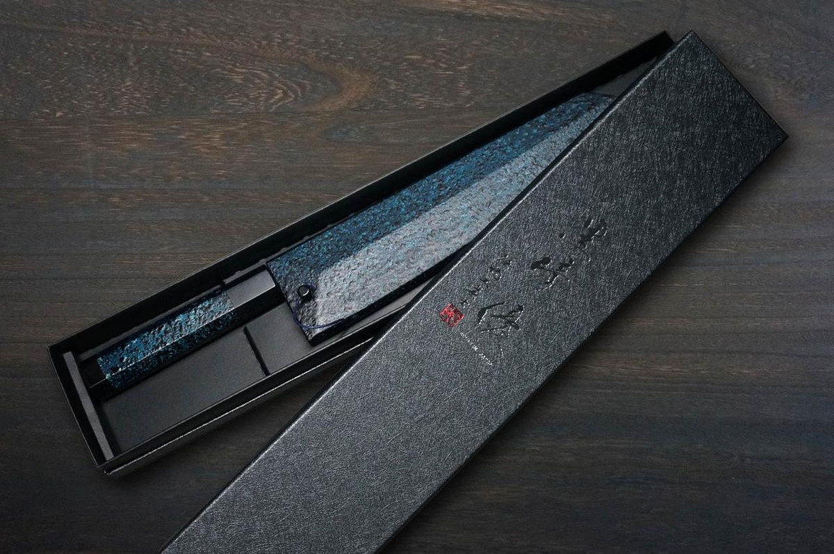 Yu Kurosaki R2(SG2) Hammered SENKO-EI WA INDIGO Japanese Chef's Gyuto Knife 240mm with Indigo-dyed Handle and Saya Sheath [AI-TENMOKU] 