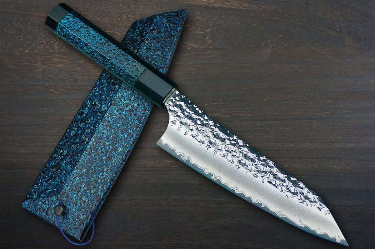Yu Kurosaki R2(SG2) Hammered SENKO-EI WA INDIGO Japanese Chef's Bunka Knife 165mm with Indigo-dyed Handle and Saya Sheath [AI-TENMOKU] 