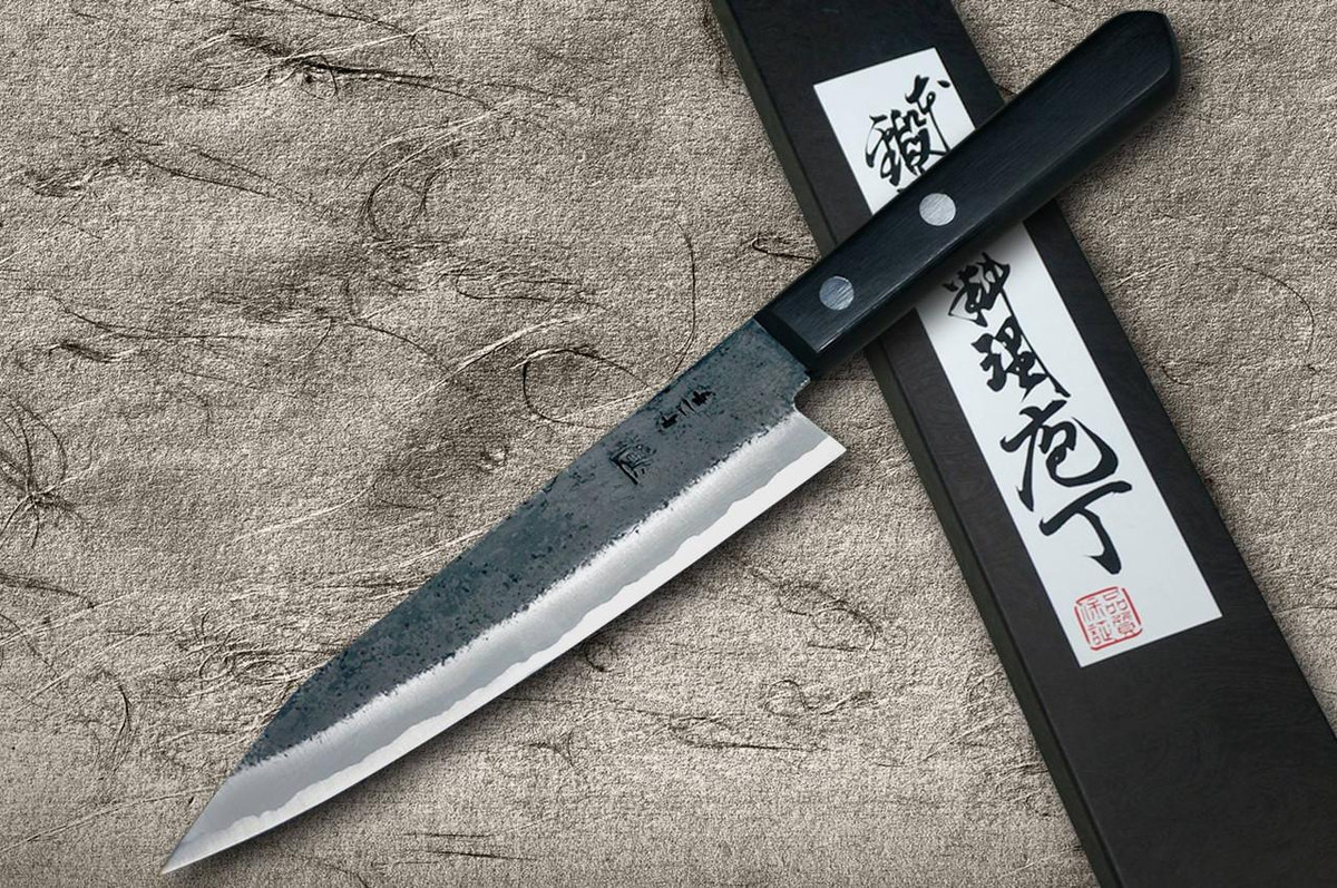 Shigeki Tanaka Aogami No.2 Kurouchi TEKKA CLW Japanese Chef's Kritsuke-Petty Knife(Utility) 120mm with Black Pakka Wood Handle 
