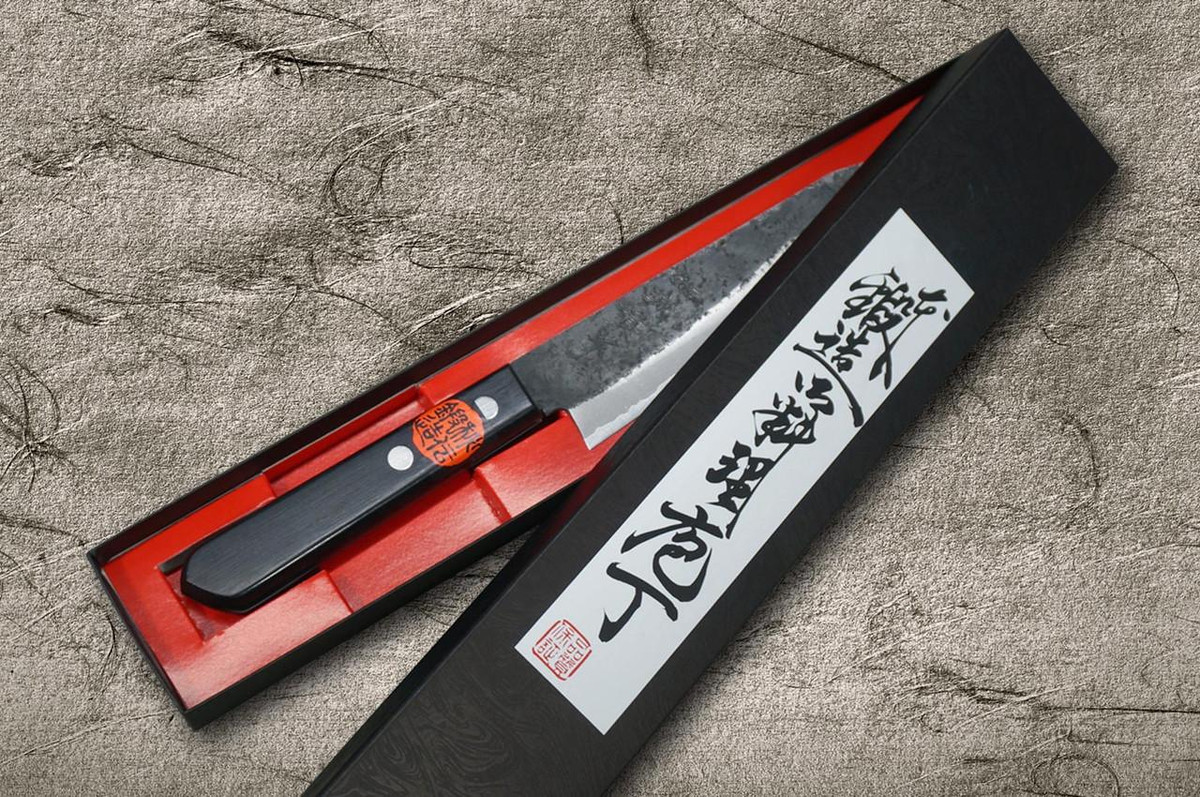 Shigeki Tanaka Aogami No.2 Kurouchi TEKKA CLW Japanese Chef's Kritsuke-Petty Knife(Utility) 120mm with Black Pakka Wood Handle 