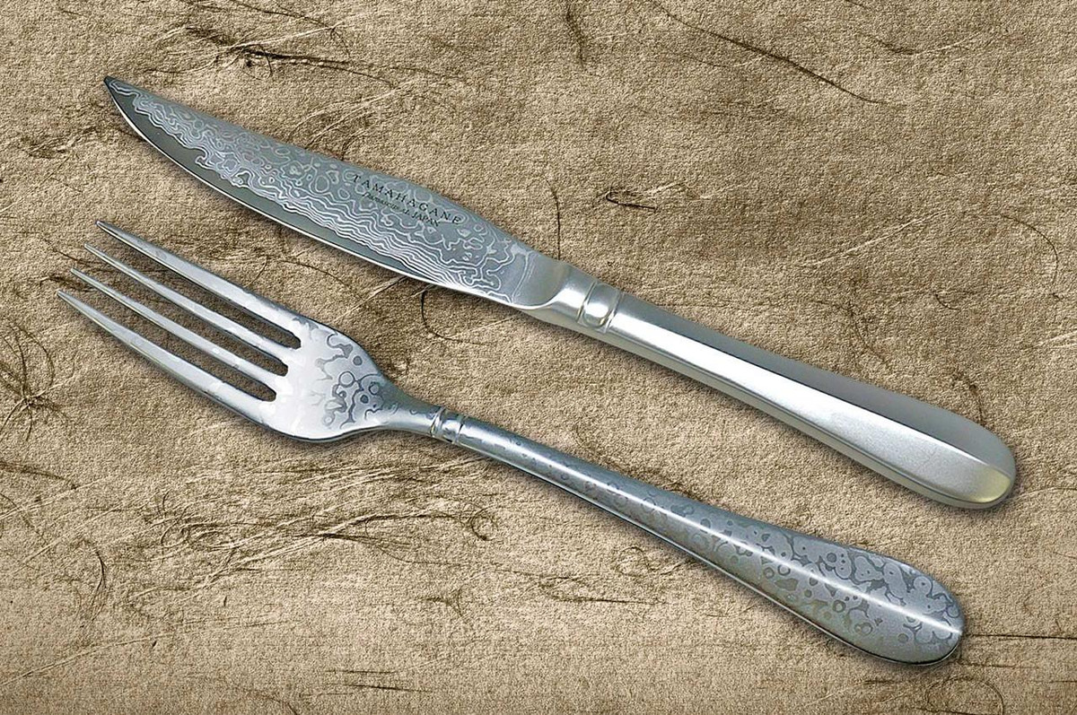 Tamahagane Special Damascus Stainless Steak Knife and Fork SET 