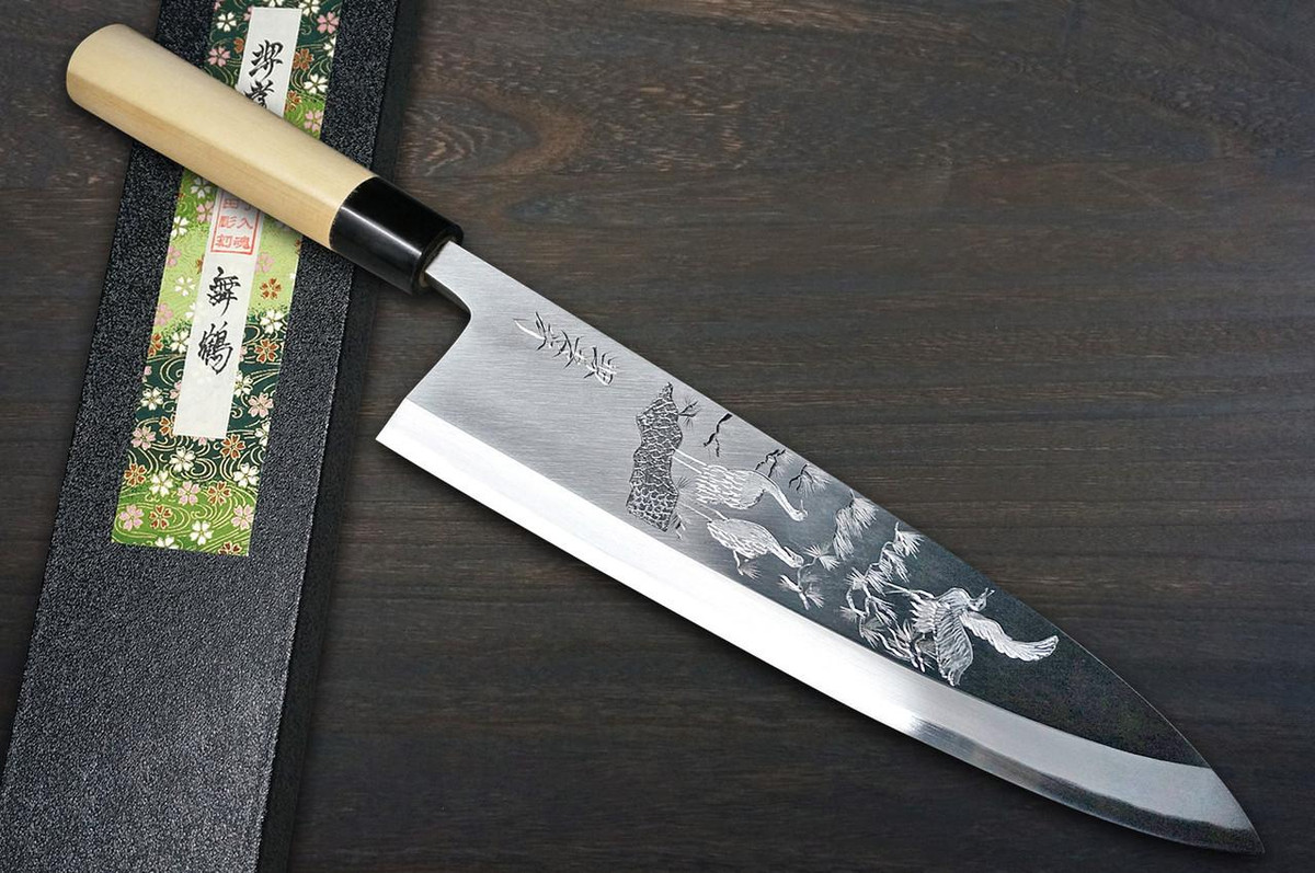 Sakai Takayuki Kasumitogi Buffalo Tsuba Engraving Art Japanese Chef's Deba Knife 210mm Maizuru(Japanese Crane) 